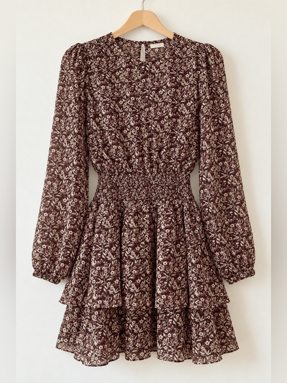 MINKPINK Brown Floral Smocked Waist Long Sleeve Mini Dress Cool Girl S NWT #869